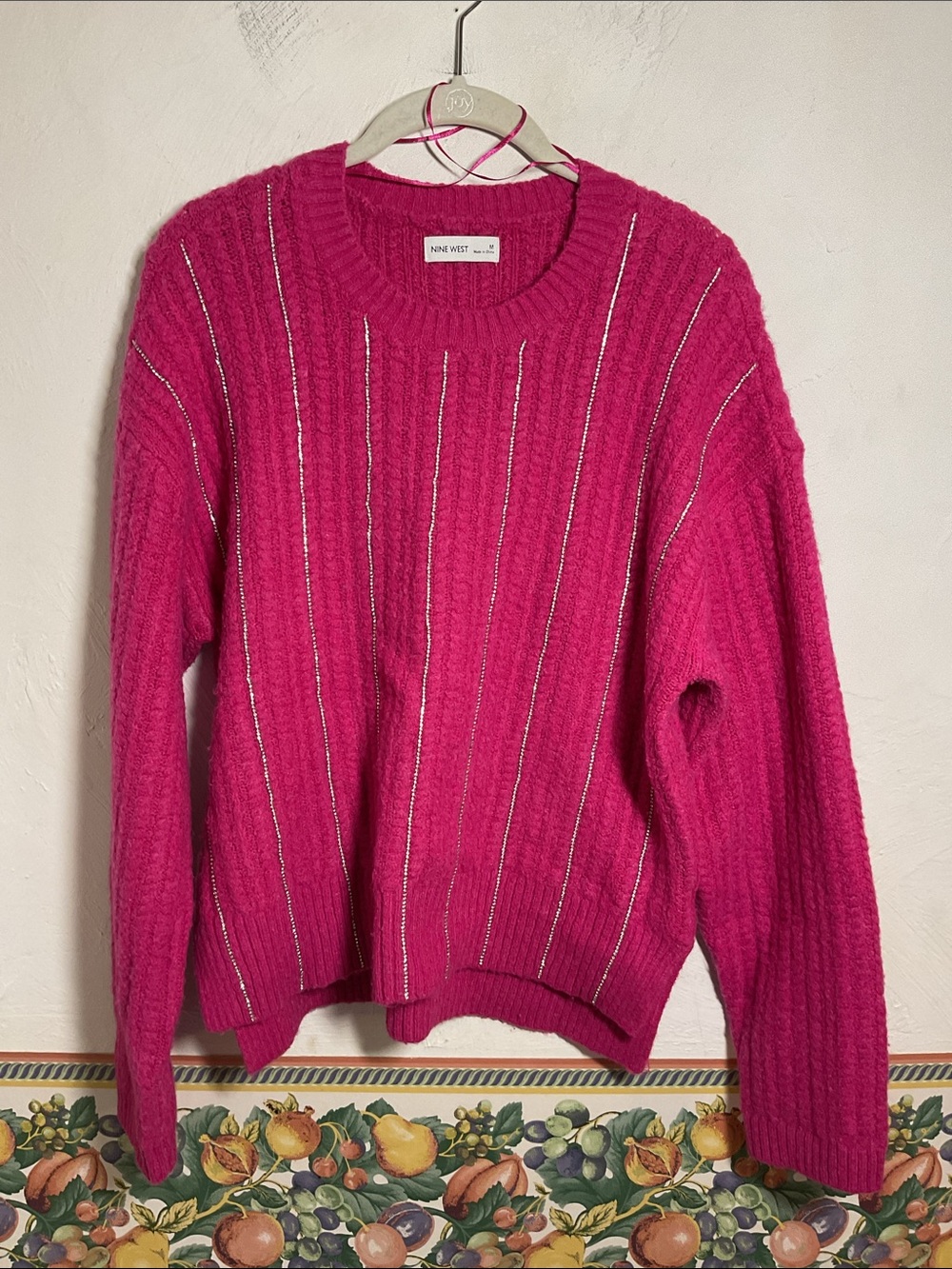 Nine West Hot Pink Rhinestone Striped Cable Knit Crewneck Sweater Size M